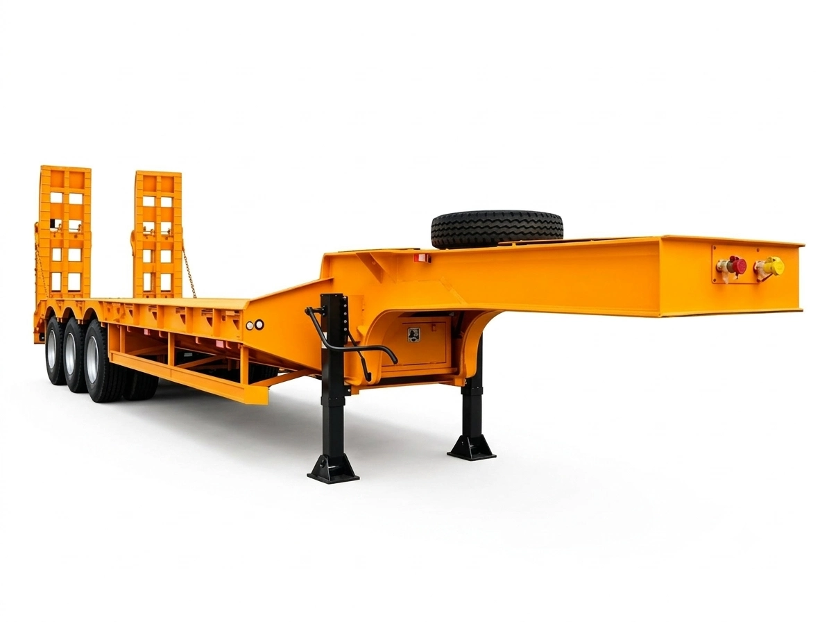 Yellow heavy duty low bed trailer with loading ramps
