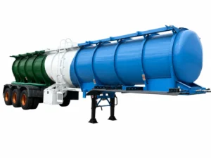 Three-axle 22m³ chemical tanker trailer with a green, white and blue tank